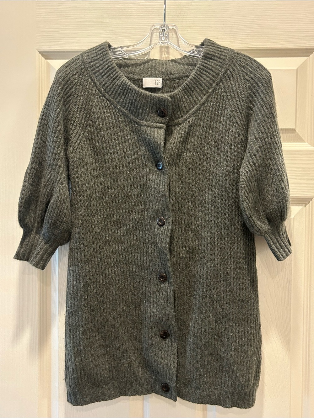TSE Olive Green Ribbed Short-Sleeve Button-Front Cardigan